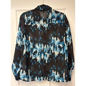 Derek Lam For Design Nation Black Blue Semi Sheer Button Up Top M shirt blouse